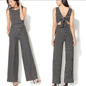 New York & Company Stretch M Black White Striped Jumpsuit Tie Back Top Pockets